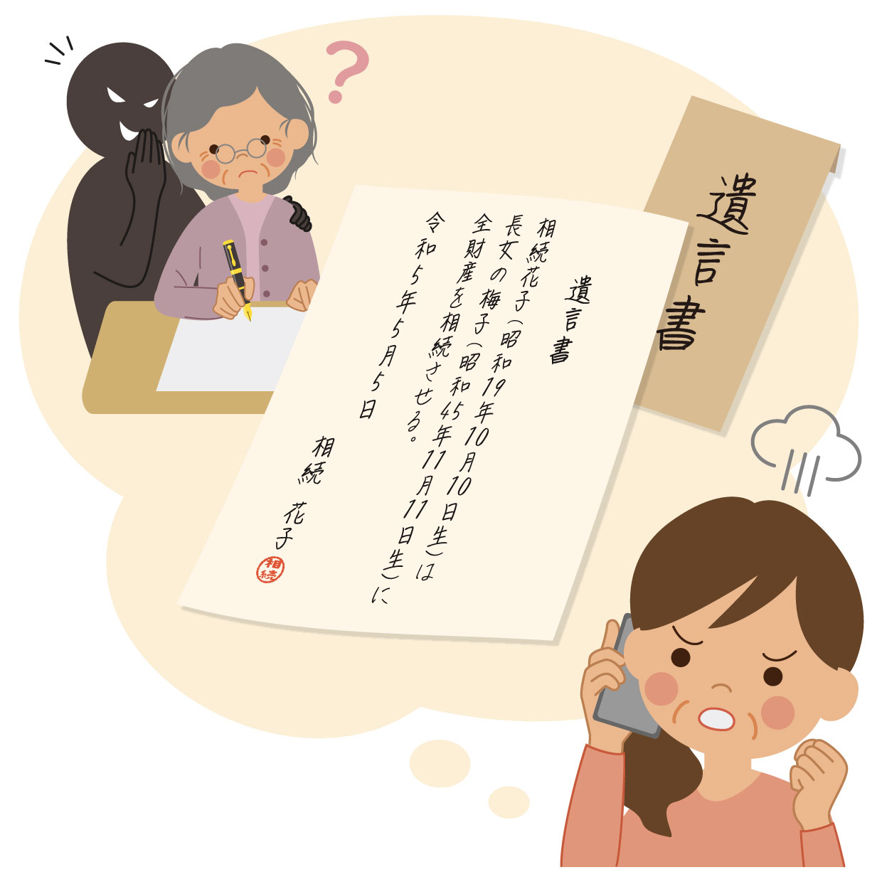 遺言書は無理やり書かされたものだと疑う人のイラスト